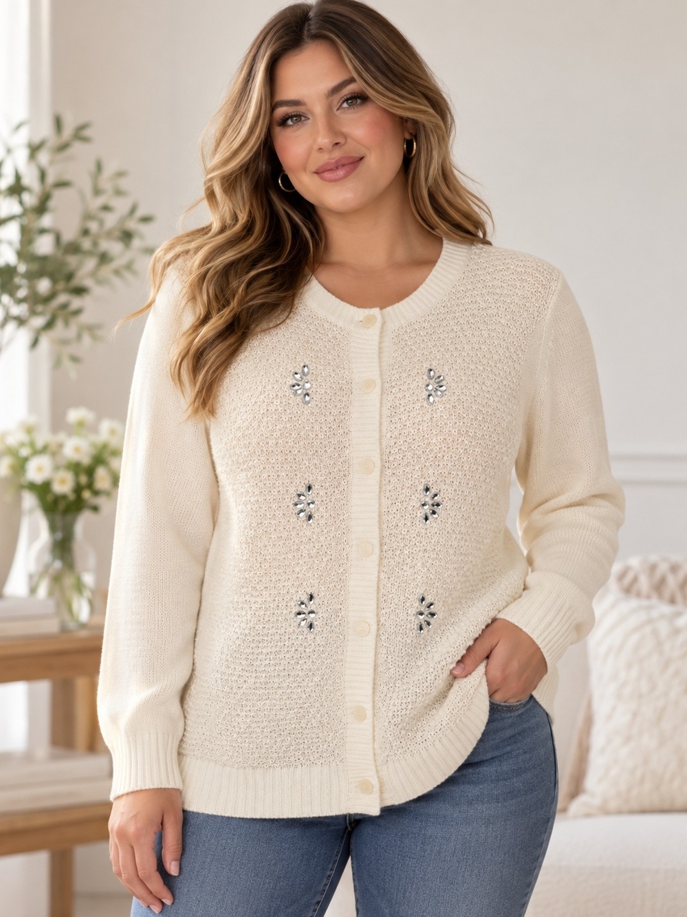 Vintage Cream Button-Front Embellished Knit Cardigan Sweater Size XL 14/16 -1X